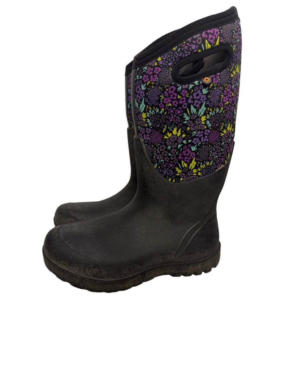 Bogs Neo-Classic Tall Rain/Snow Boots Womens 8 Black Floral Waterproof Insulated